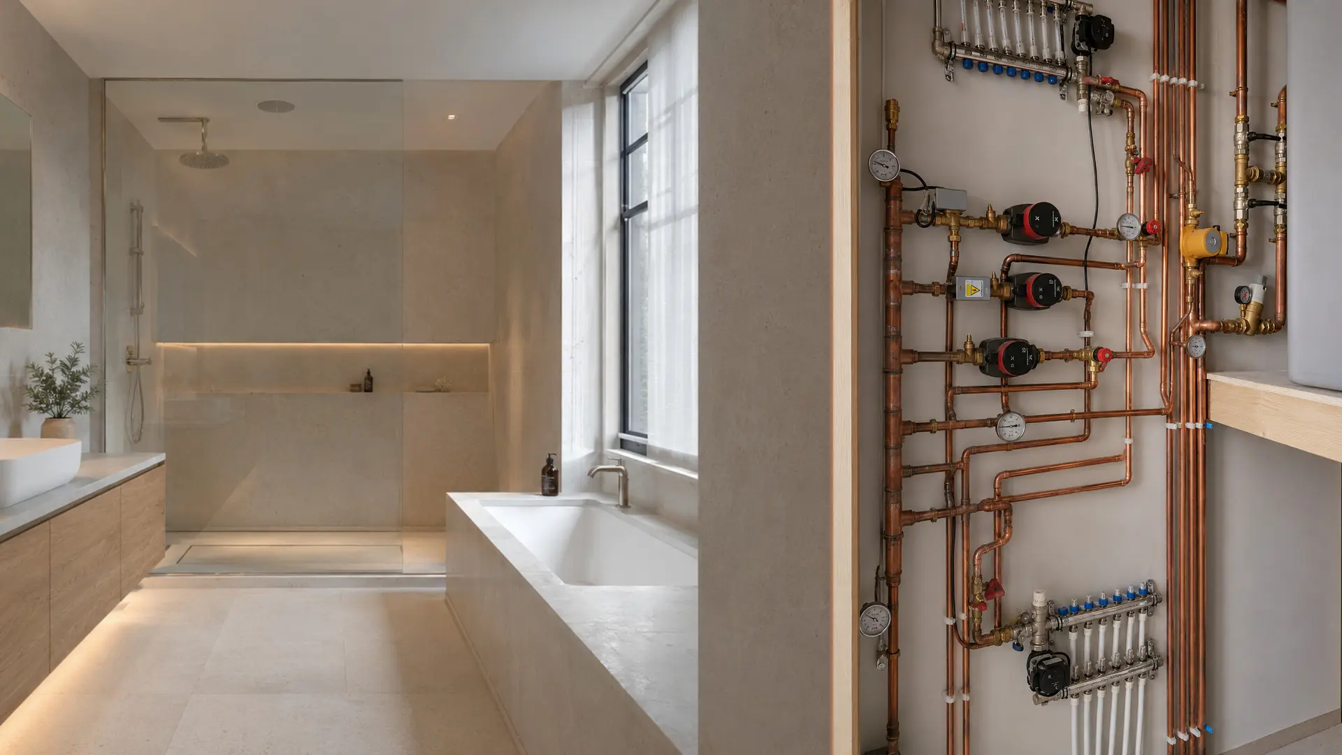 A refined bathroom beside genuine PEP copper heating and plumbing distribution.