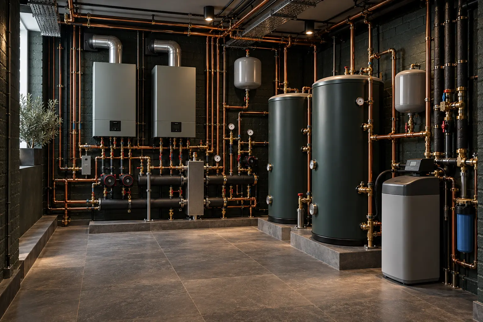 Coordinated boiler, hot-water cylinder and heating distribution plant for a London home