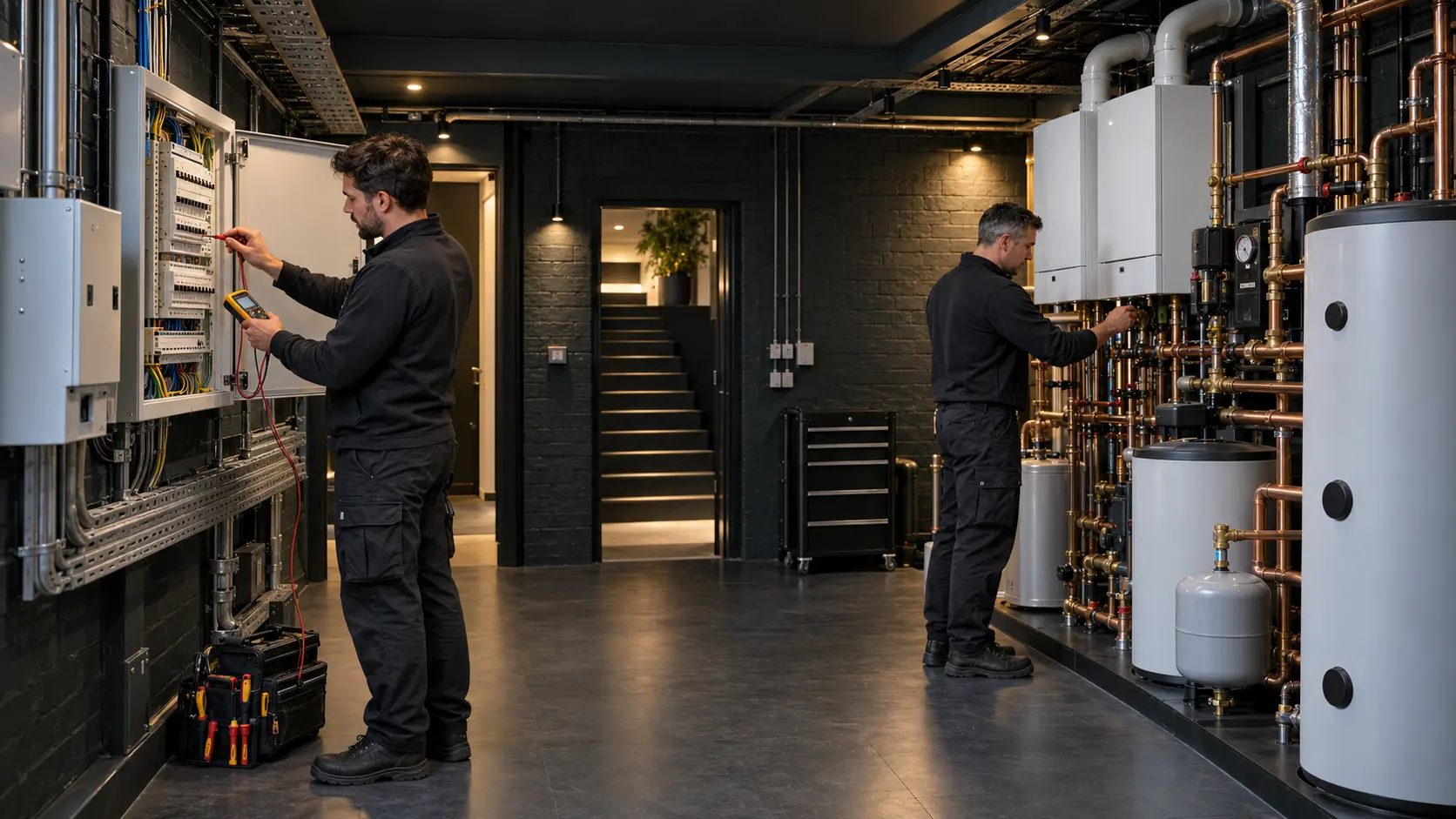 Electrical and heating engineers working within one integrated residential plant and distribution space